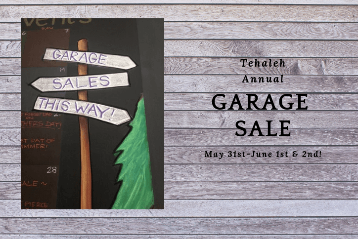 Tehaleh annual garage sale flyer with signposts.