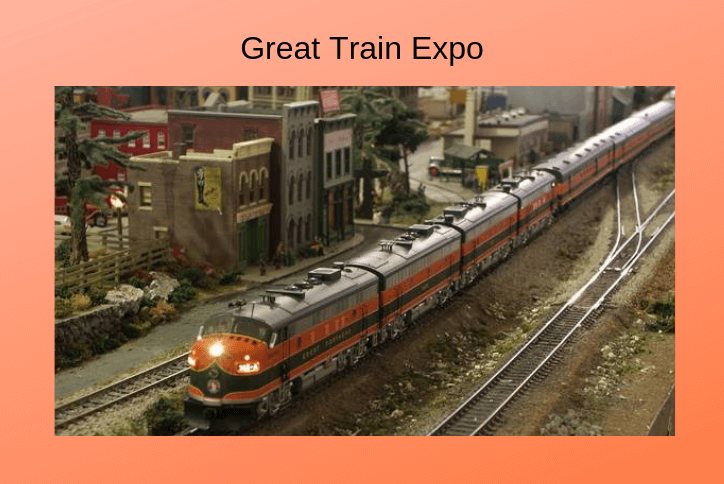 Model train running on tracks. Flyer for great train expo in Tehaleh.