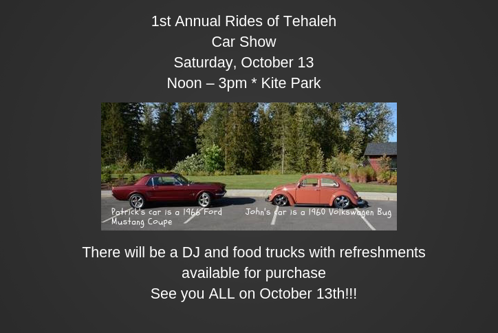 Two oldtimer cars facing each other in a parking lot at the first annual ride show in Tehaleh.