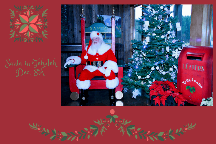 Santa Claus sitting on chair next to Christmas tree.