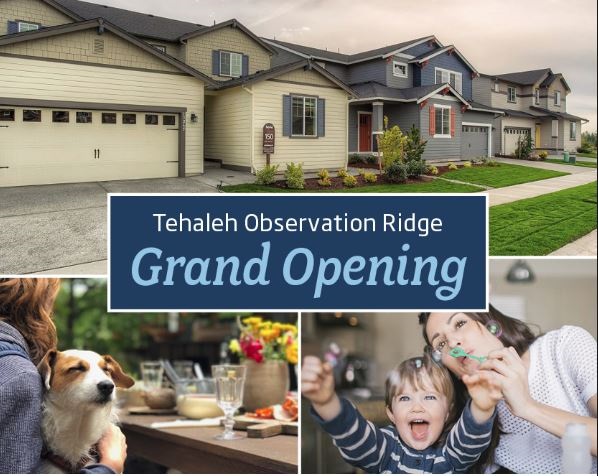 Tehaleh Observation Ridge grand opening invitation with community and home photos.