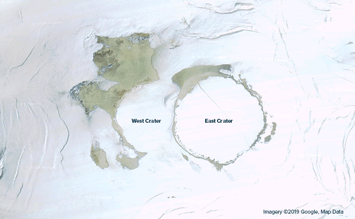 Geographic view of east and west craters of Mount Rainier.