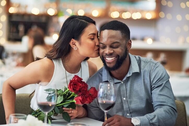 Young couple with wine and roses on Valentine's Day