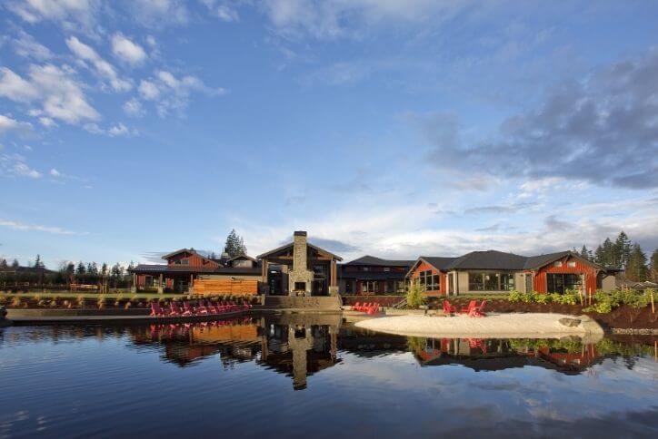 Trilogy lodge facing lake in Tehaleh.