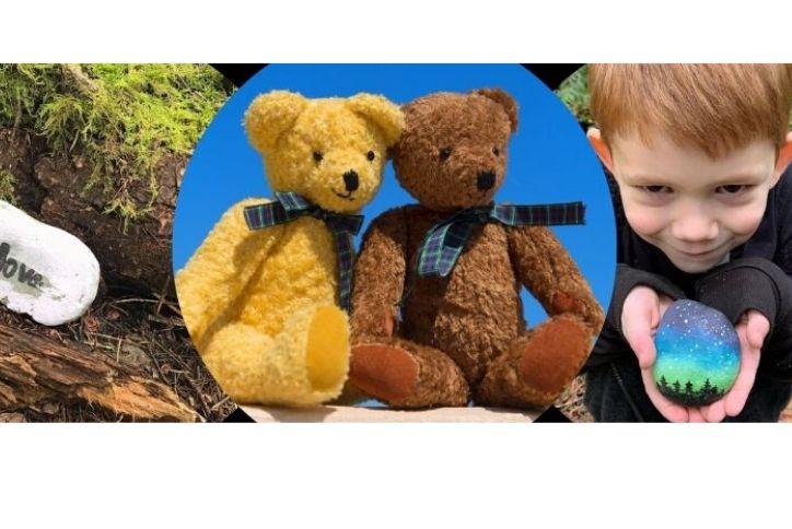 Collage of teddy bears and young boy holding painted stone.