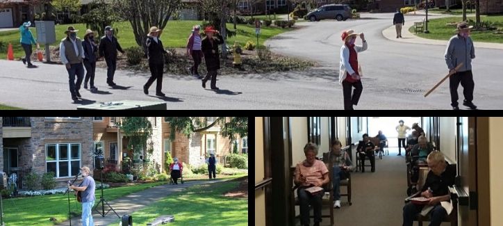 Collage of Wesley activities including music performance, marching down the street and communal reading.