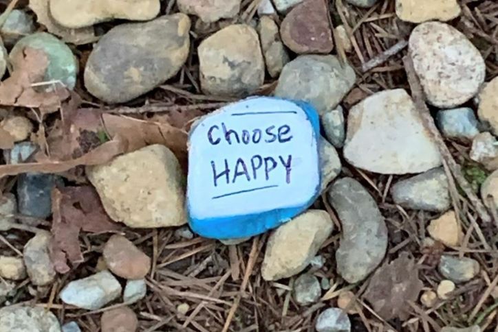 Blue painted stone among gray ones that says choose happy.