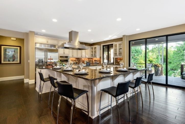 Indoor kitchen with six chairs around set table