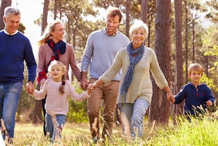 Multigenerational family holding hands walking through forest.