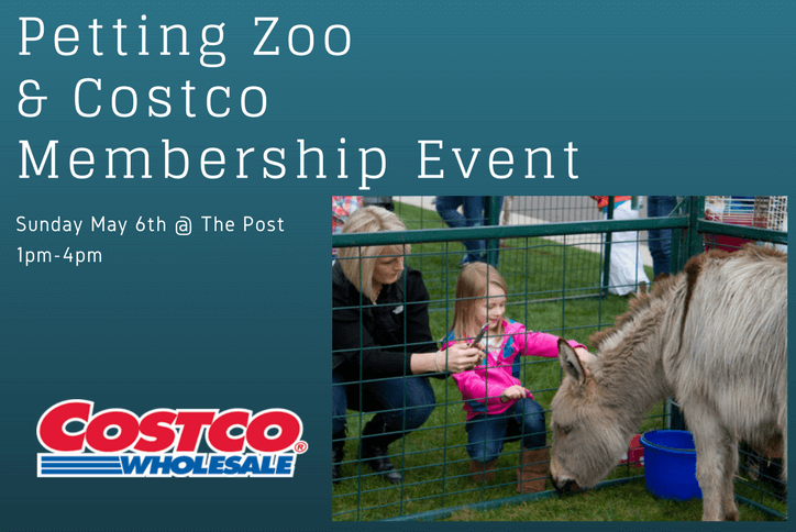 Petting Zoo and Costco membership event flyer for Tehaleh showing girl petting pony.