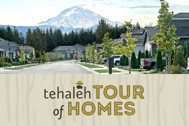 Tour of homes promo with view of Tehaleh neighborhood and Mount Rainier.