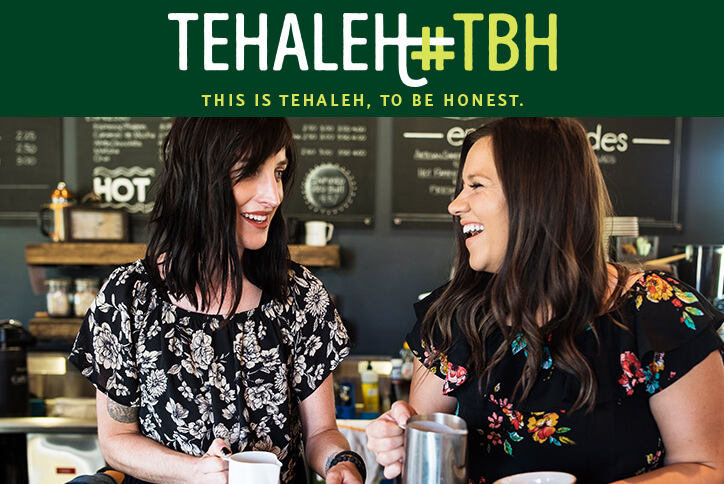 Two female baristas preparing coffee and talking, with hashtag Tehaleh to be honest.