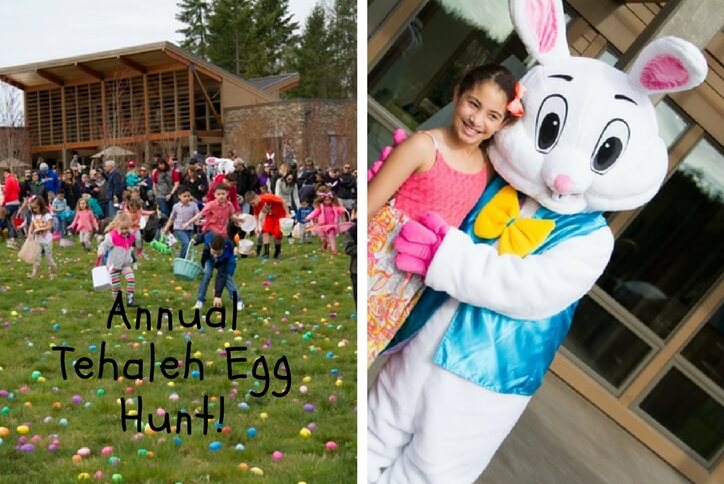 Kids on egg hunt in Tehaleh and rabbit mascot hugging girl.