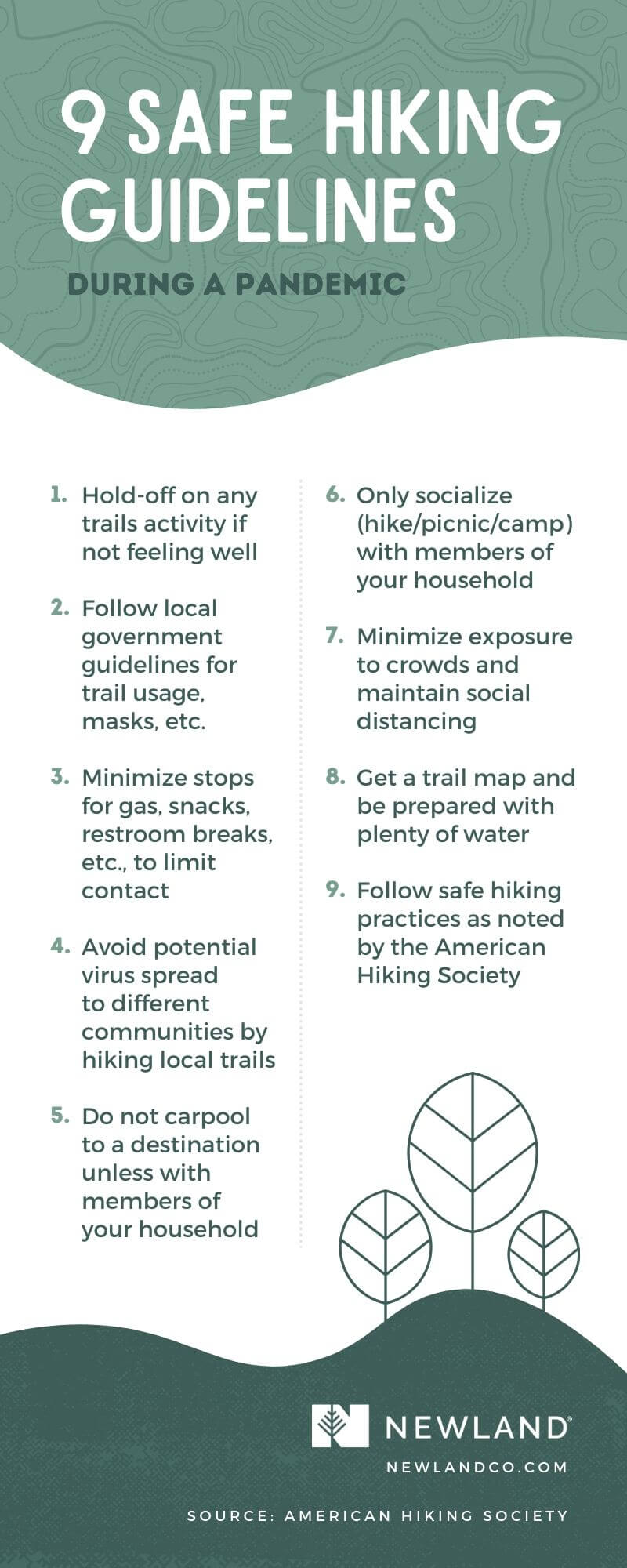 Infographic on hiking safety guidelines during a pandemic.