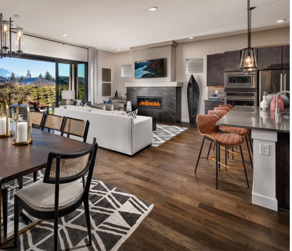 Interior model home great room and kitchen in Tehaleh community in Puget Sound, WA