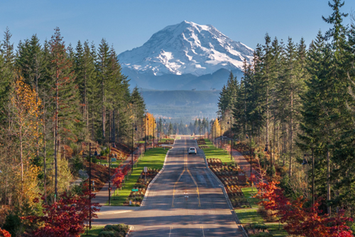 A photo of Cascadia Blvd. heading straight to the Glacier Pointe neighborhood, and the new Tehaleh Welcome Center.