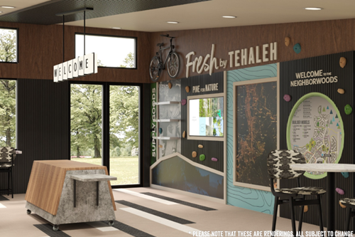 A rendering of the entrance and marketing wall that will be featured at the new Tehaleh Welcome Center.