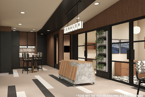 A rendering of the cafe corner and private offices located in the new Tehaleh Welcome Center.